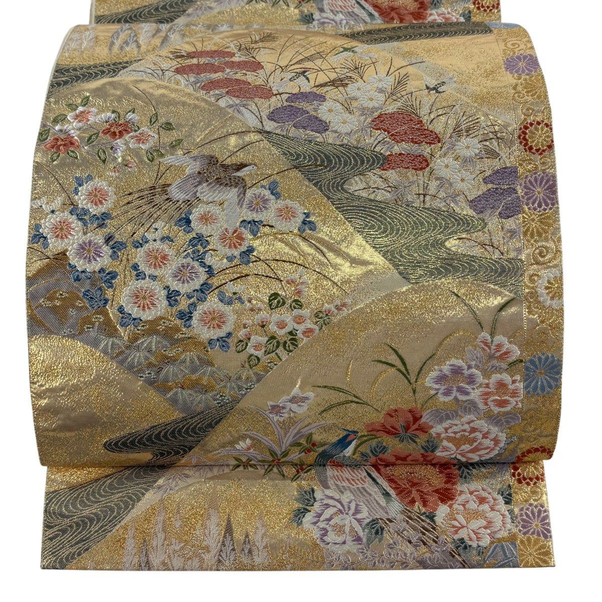 【美品】 袋帶 秀品級 花鳥 流水 金金箔 唐織 金色 六通 純蠶絲