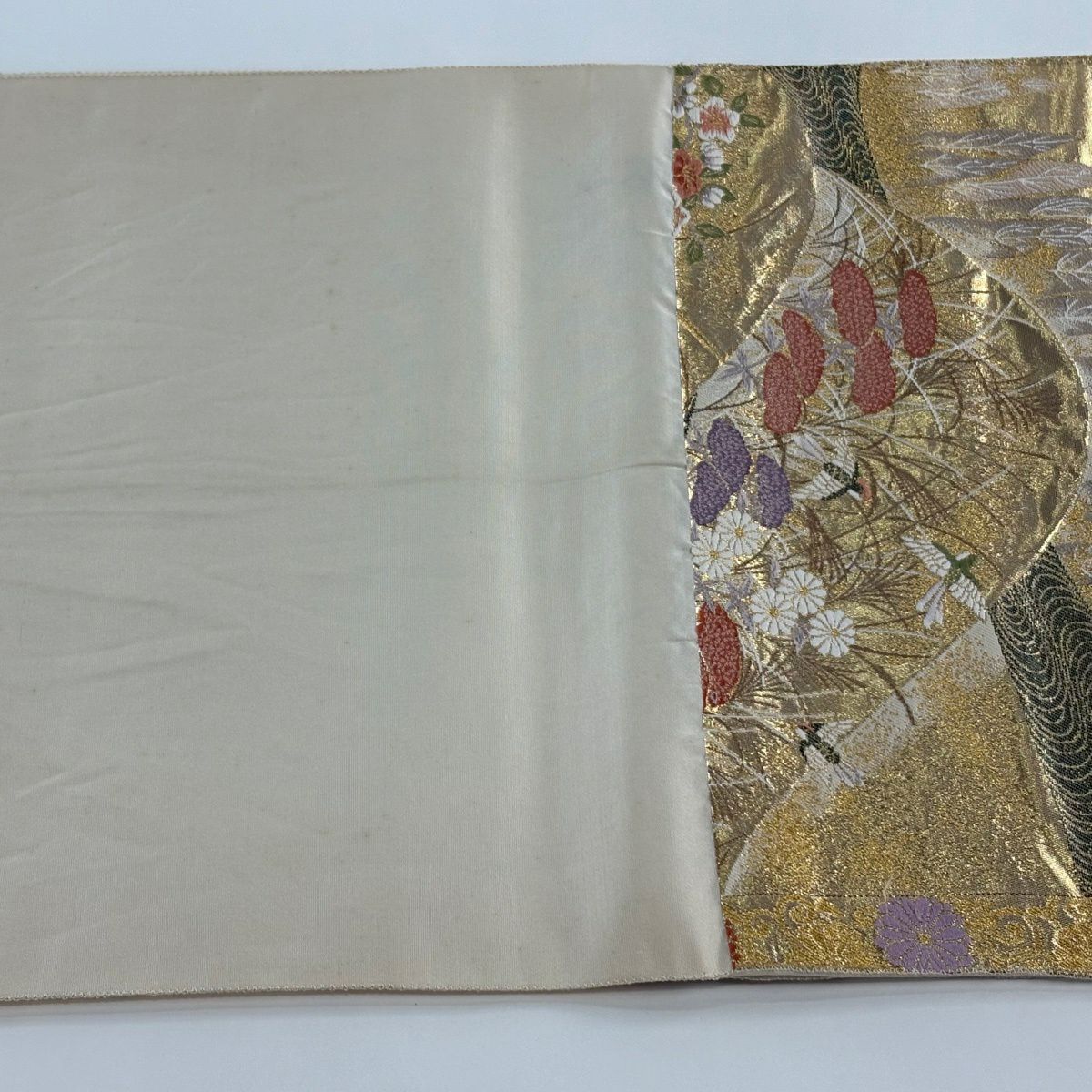 【美品】 袋帶 秀品級 花鳥 流水 金金箔 唐織 金色 六通 純蠶絲