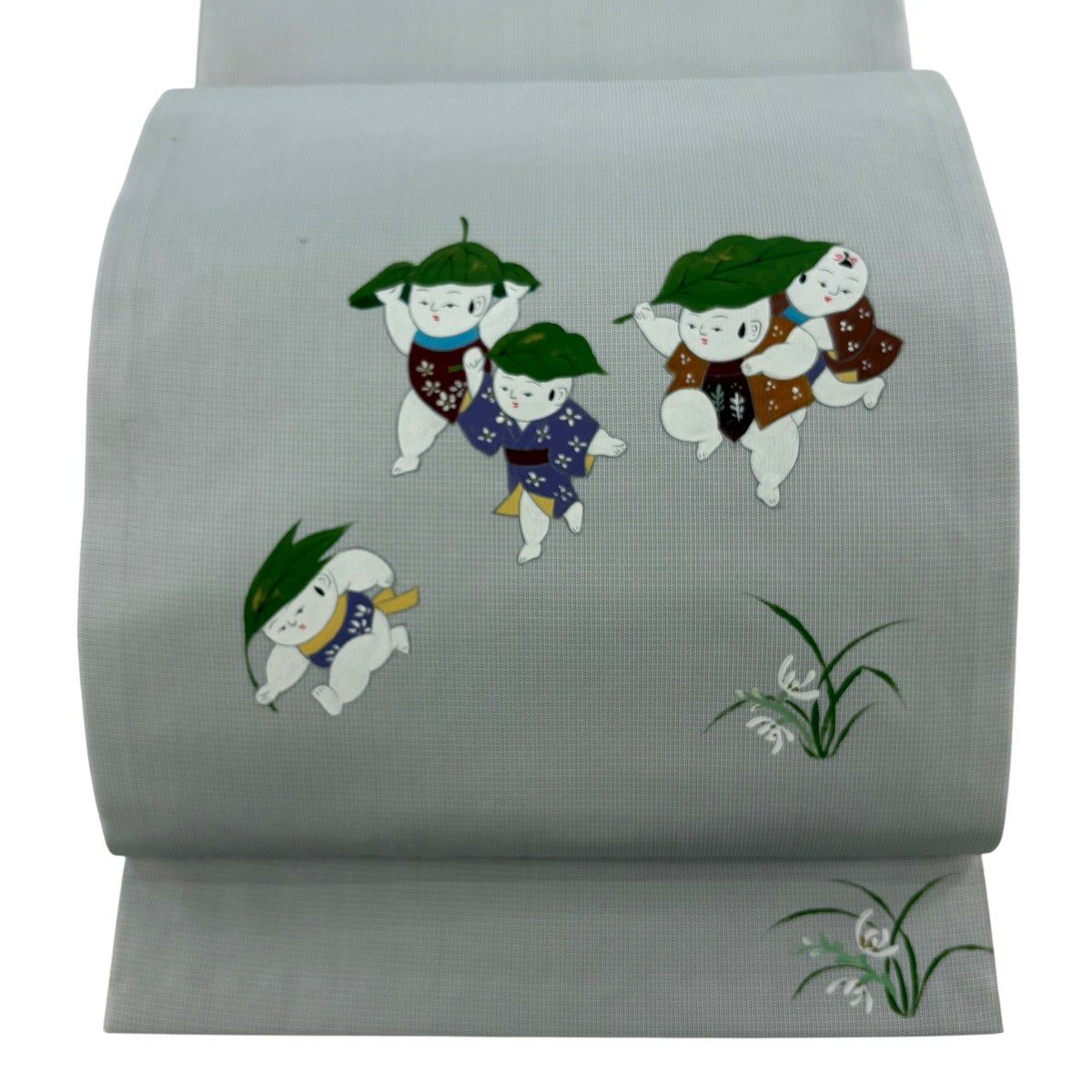 【美品】 袋帶 秀品級 紬織織 童 草花紋 灰 深藍色 お太鼓柄 純蠶絲