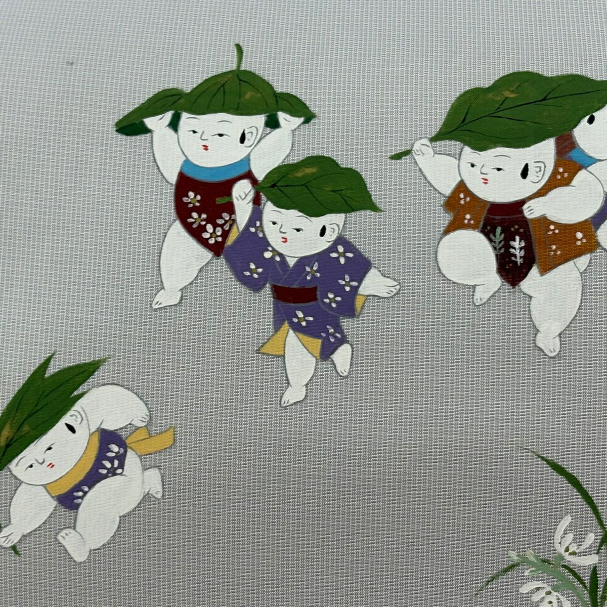 【美品】 袋帶 秀品級 紬織織 童 草花紋 灰 深藍色 お太鼓柄 純蠶絲