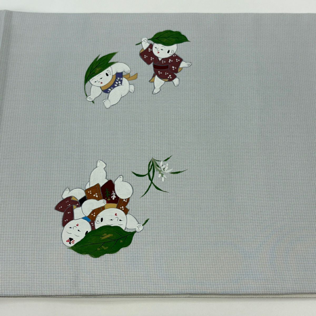 【美品】 袋帶 秀品級 紬織織 童 草花紋 灰 深藍色 お太鼓柄 純蠶絲