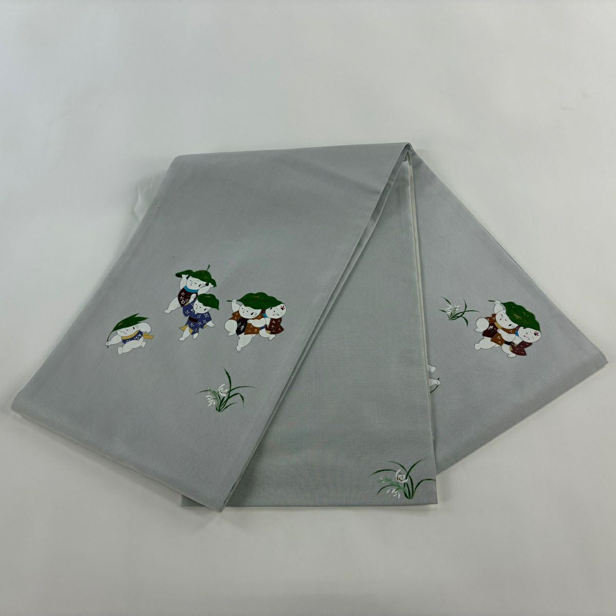【美品】 袋帶 秀品級 紬織織 童 草花紋 灰 深藍色 お太鼓柄 純蠶絲