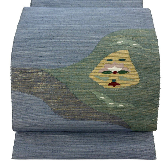 【美品】 名古屋帶 秀品級 八寸名古屋帶 紬織織 草花紋紋 幾何學圖案 金金箔 青灰 純蠶絲