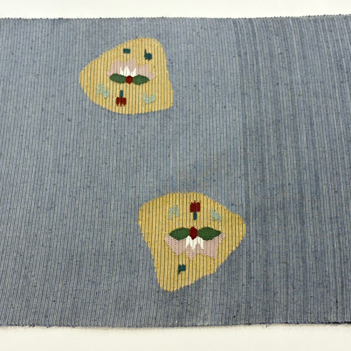【美品】 名古屋帶 秀品級 八寸名古屋帶 紬織織 草花紋紋 幾何學圖案 金金箔 青灰 純蠶絲