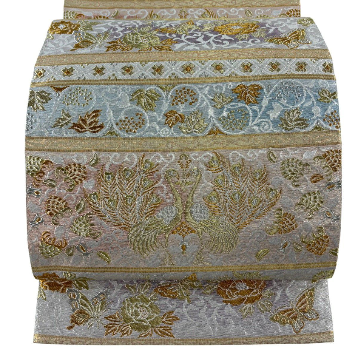 【美品】 袋帶 秀品級 向鳥 花唐草紋 金金箔 米色 六通 純蠶絲