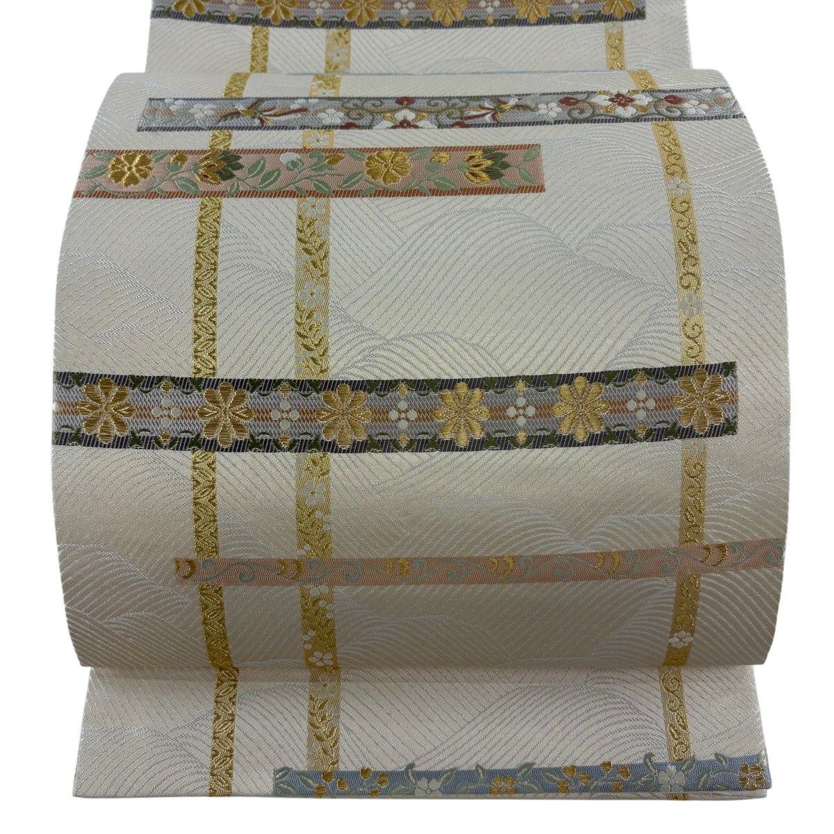 【美品】 袋帶 秀品級 落款あり 篠屋宗兵衛謹製 花喰鳥 花唐草紋 金金箔 唐織 米色 六通 純蠶絲