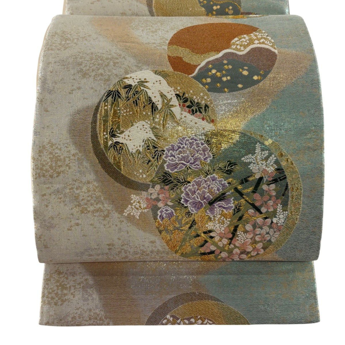 【美品】 袋帶 秀品級 落款あり 草花紋 竹子 唐織 金金箔 薄綠 六通 純蠶絲