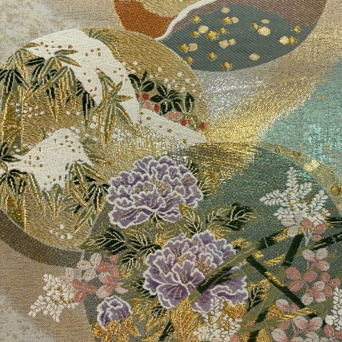 【美品】 袋帶 秀品級 落款あり 草花紋 竹子 唐織 金金箔 薄綠 六通 純蠶絲