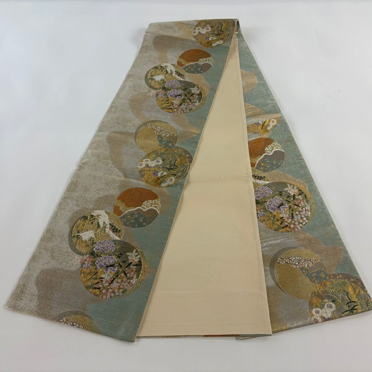 【美品】 袋帶 秀品級 落款あり 草花紋 竹子 唐織 金金箔 薄綠 六通 純蠶絲