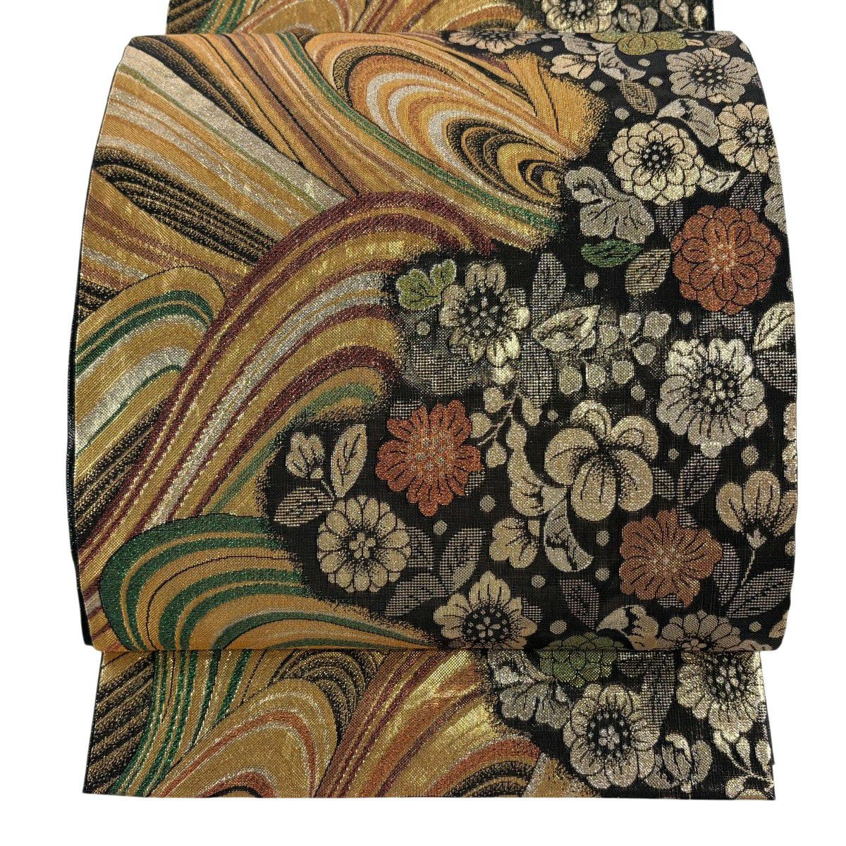 【美品】 袋帶 秀品級 草花紋紋 波 金金箔 黑 六通 純蠶絲