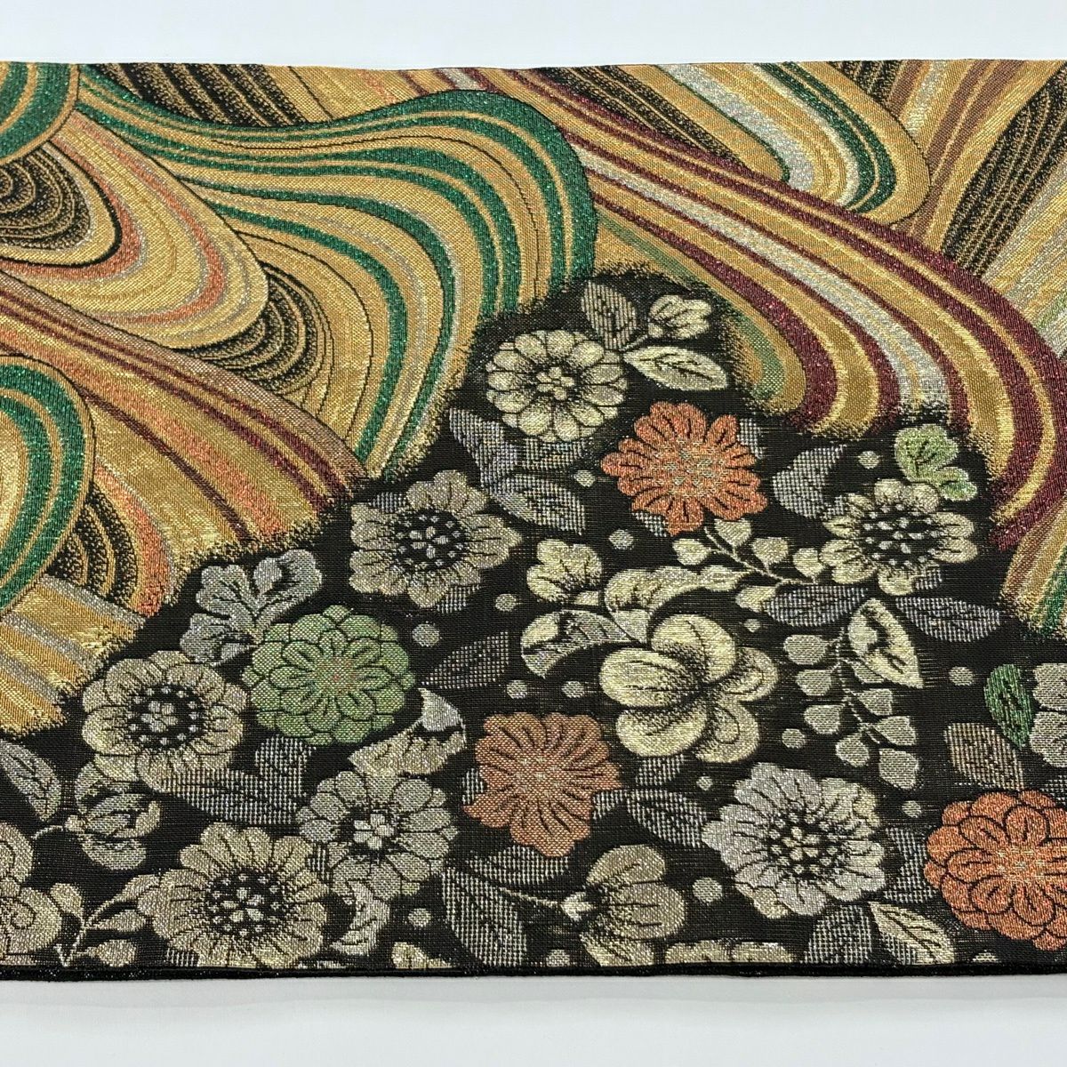 【美品】 袋帶 秀品級 草花紋紋 波 金金箔 黑 六通 純蠶絲