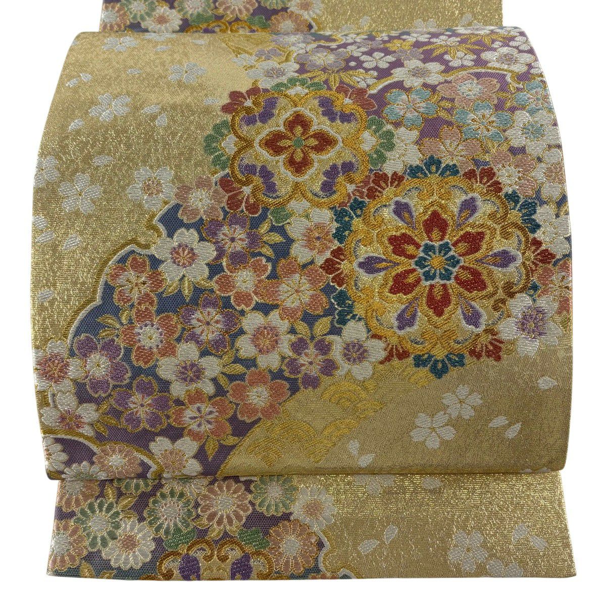 【美品】 袋帶 秀品級 華紋 櫻花 金金箔 金色 六通 純蠶絲