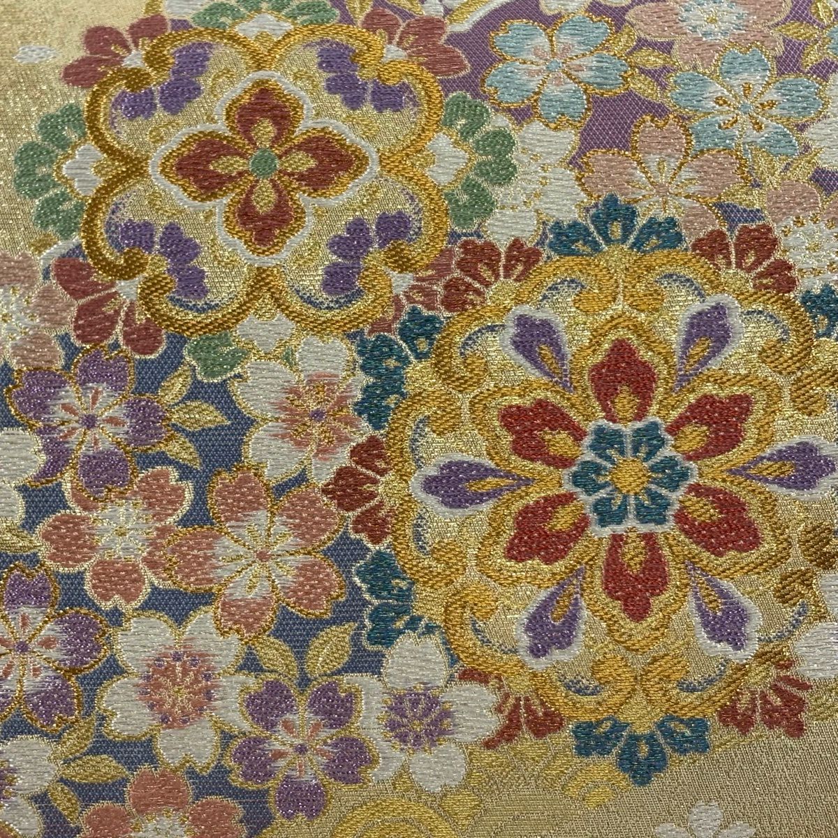 【美品】 袋帶 秀品級 華紋 櫻花 金金箔 金色 六通 純蠶絲