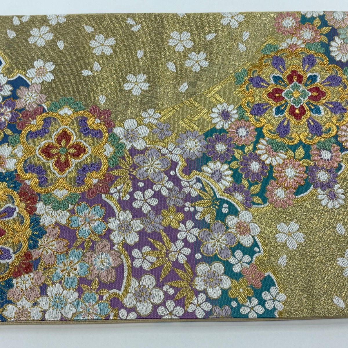 【美品】 袋帶 秀品級 華紋 櫻花 金金箔 金色 六通 純蠶絲
