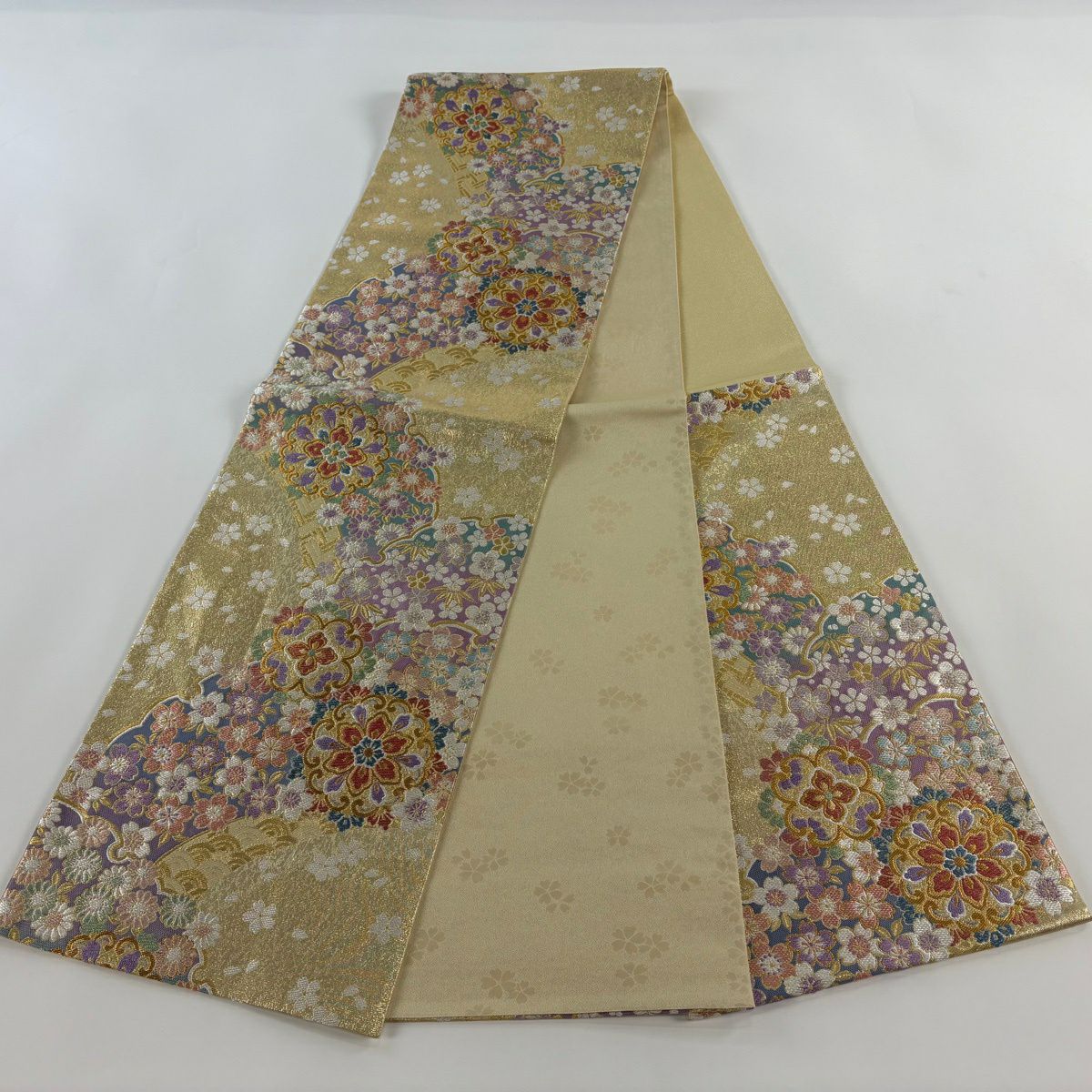 【美品】 袋帶 秀品級 華紋 櫻花 金金箔 金色 六通 純蠶絲