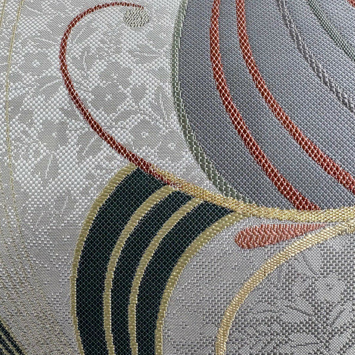 【美品】 袋帶 秀品級 葉紋 金絲 金金箔 淺紫 六通 純蠶絲