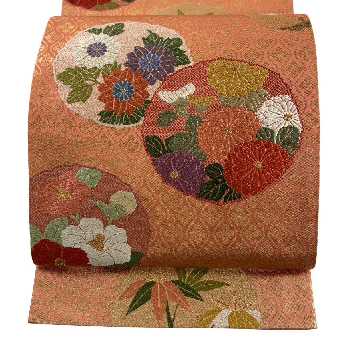 【美品】 袋帶 秀品級 菊花 立涌 金絲 金金箔 橙色 六通 純蠶絲