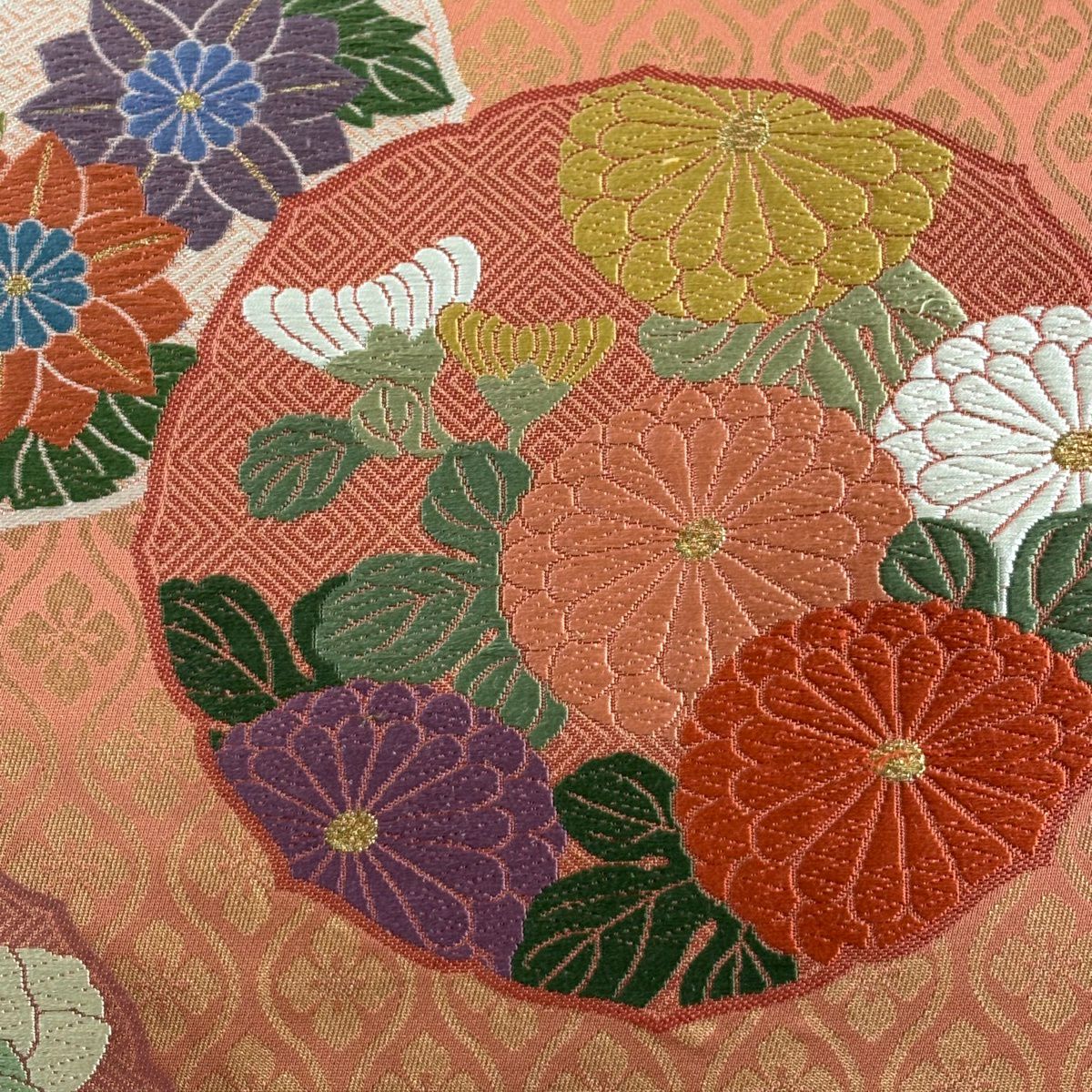 【美品】 袋帶 秀品級 菊花 立涌 金絲 金金箔 橙色 六通 純蠶絲