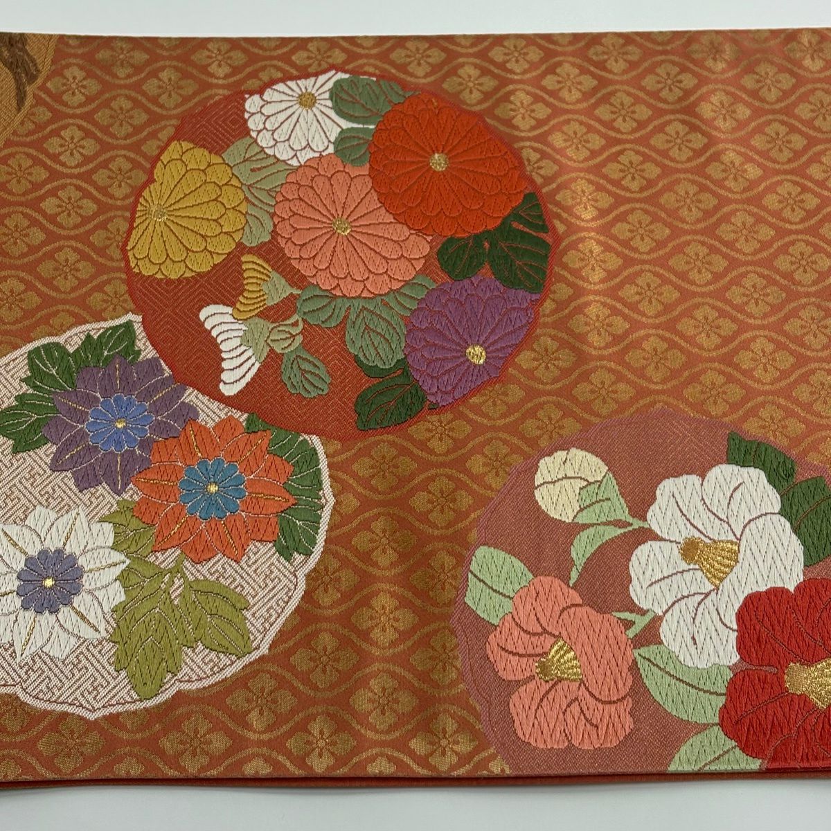【美品】 袋帶 秀品級 菊花 立涌 金絲 金金箔 橙色 六通 純蠶絲