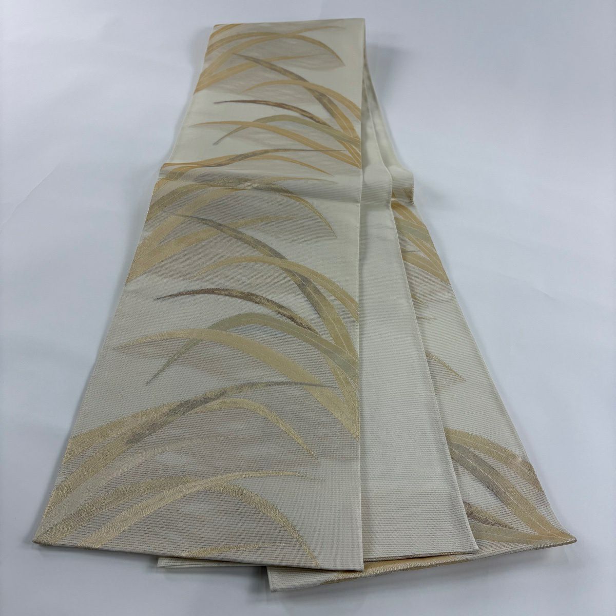 袋帶 秀品級 夏帶 絽 葉 金金箔 米色 六通 純蠶絲