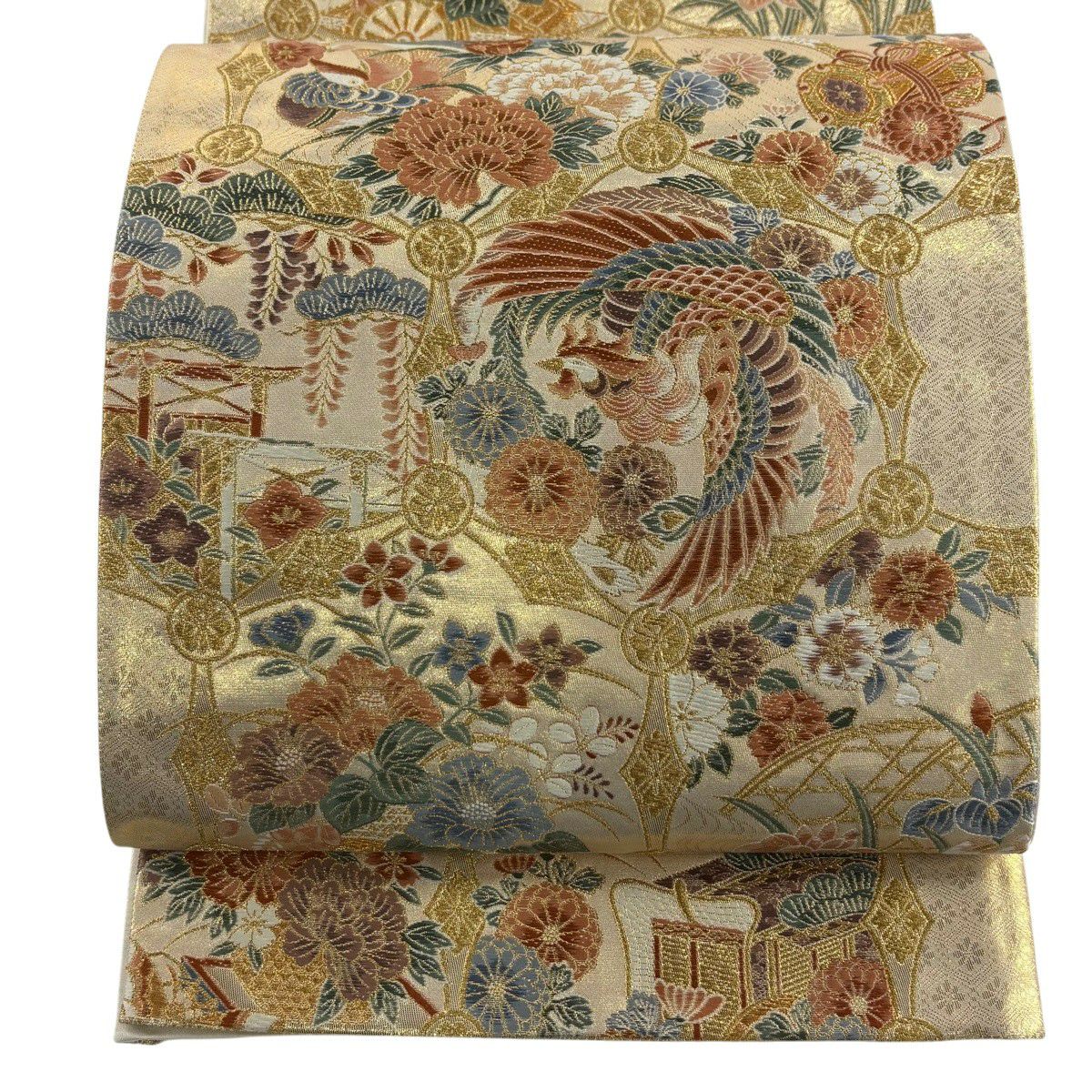 【美品】 袋帶 秀品級 龜甲壽彩紋 鳥 金絲 金金箔 金色 六通 純蠶絲