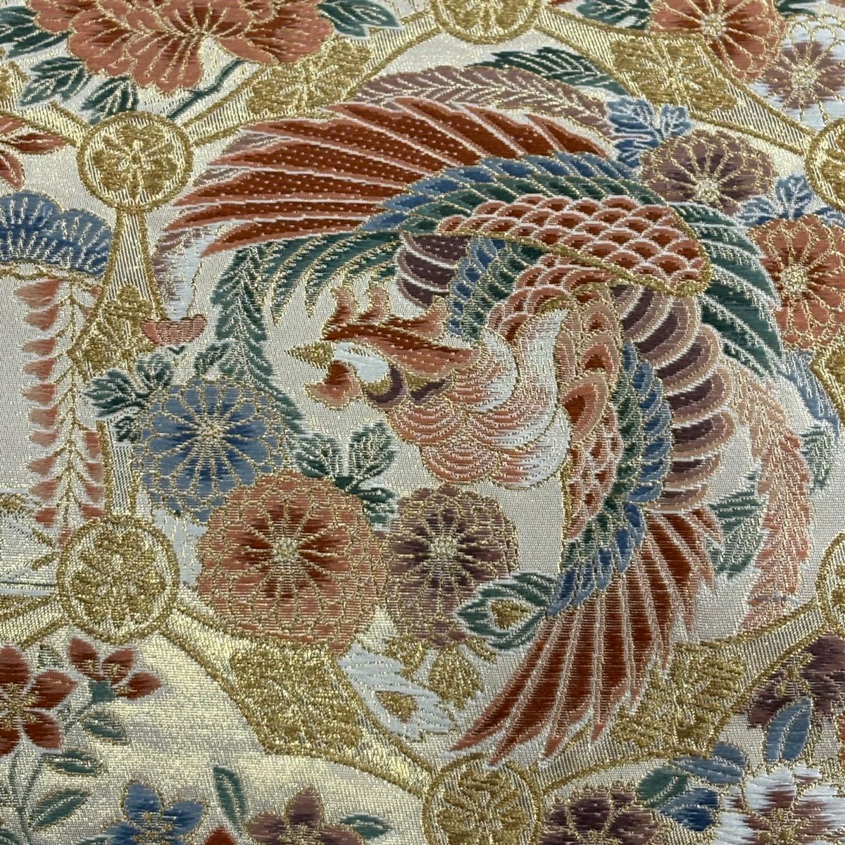 【美品】 袋帶 秀品級 龜甲壽彩紋 鳥 金絲 金金箔 金色 六通 純蠶絲