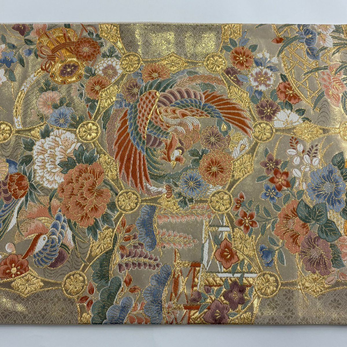 【美品】 袋帶 秀品級 龜甲壽彩紋 鳥 金絲 金金箔 金色 六通 純蠶絲