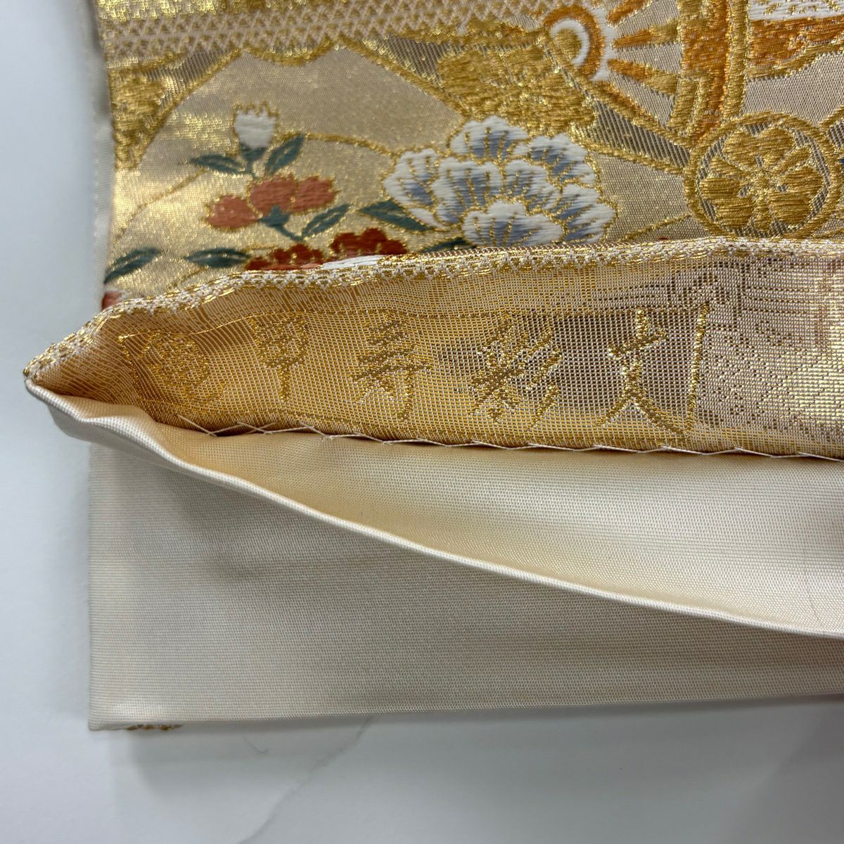 【美品】 袋帶 秀品級 龜甲壽彩紋 鳥 金絲 金金箔 金色 六通 純蠶絲