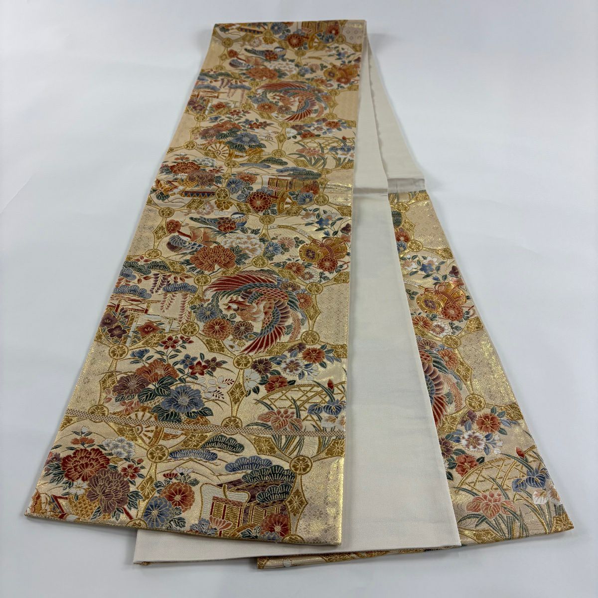 【美品】 袋帶 秀品級 龜甲壽彩紋 鳥 金絲 金金箔 金色 六通 純蠶絲