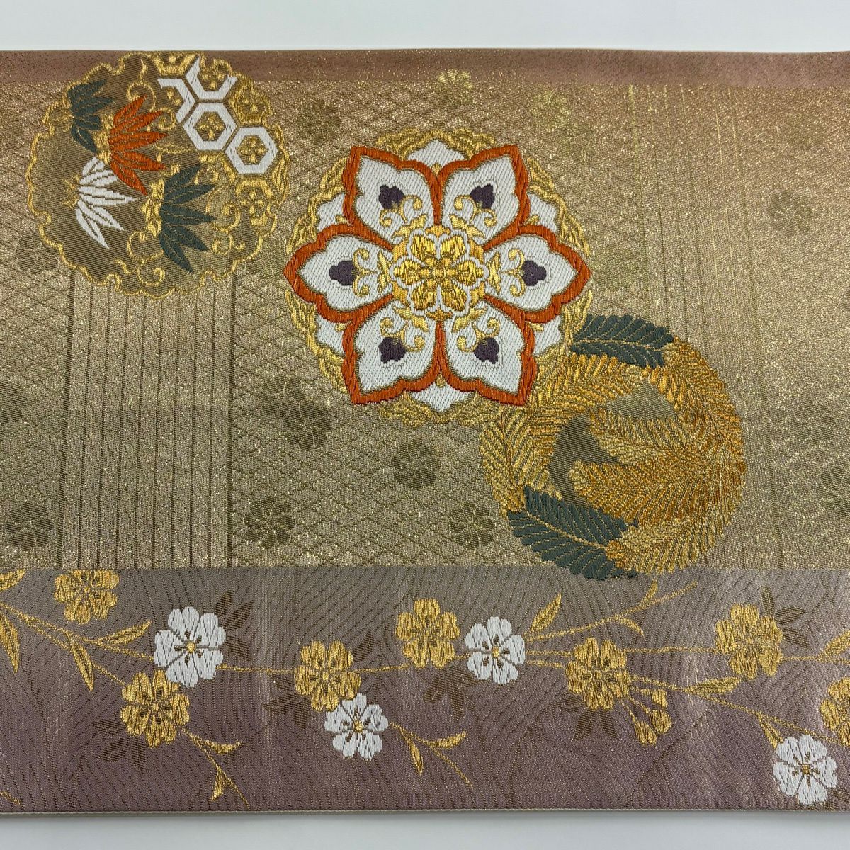 袋帶 秀品級 華紋 若松樹 金絲 金金箔 淺紫 六通 純蠶絲