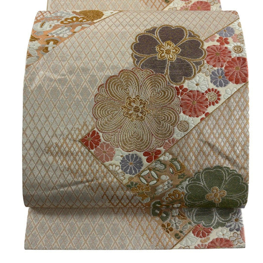 袋帶 秀品級 菊花 花寶盡 金銀絲 金金箔 灰白 六通 純蠶絲