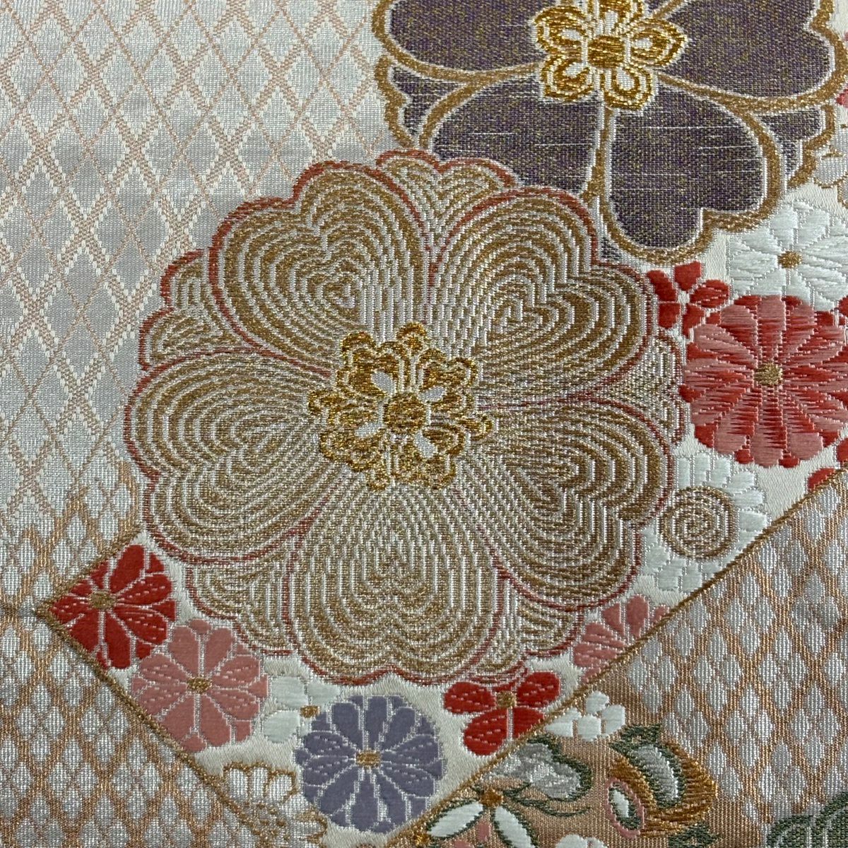 袋帶 秀品級 菊花 花寶盡 金銀絲 金金箔 灰白 六通 純蠶絲