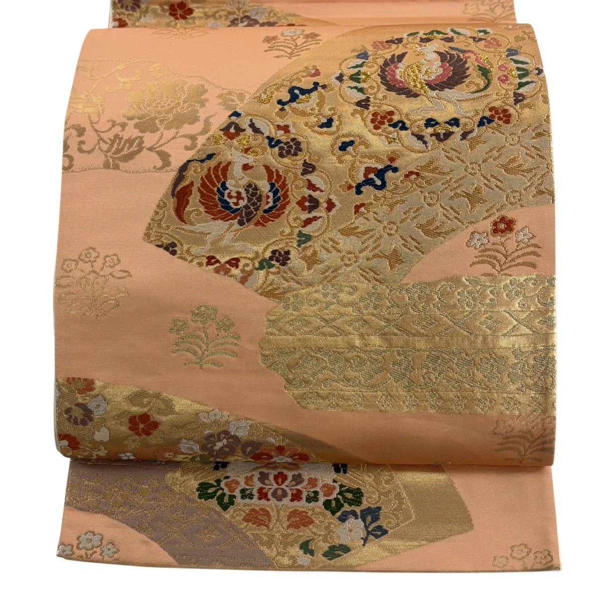 【美品】 袋帶 秀品級 扇子面 花鳥 金絲 金金箔 橙色 六通 純蠶絲