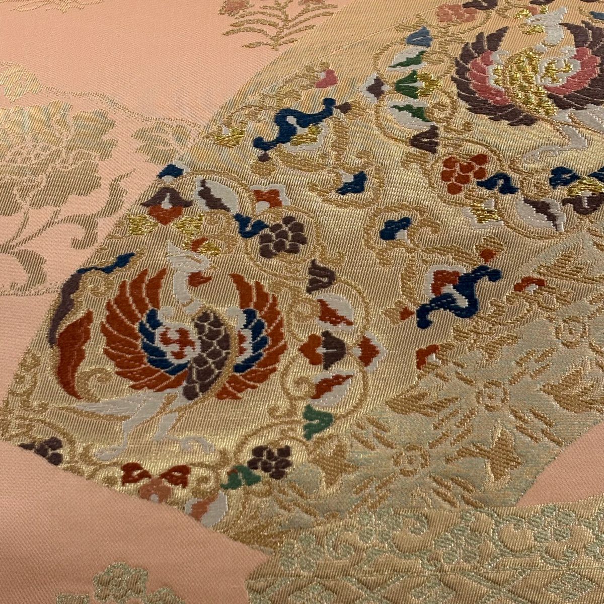 【美品】 袋帶 秀品級 扇子面 花鳥 金絲 金金箔 橙色 六通 純蠶絲