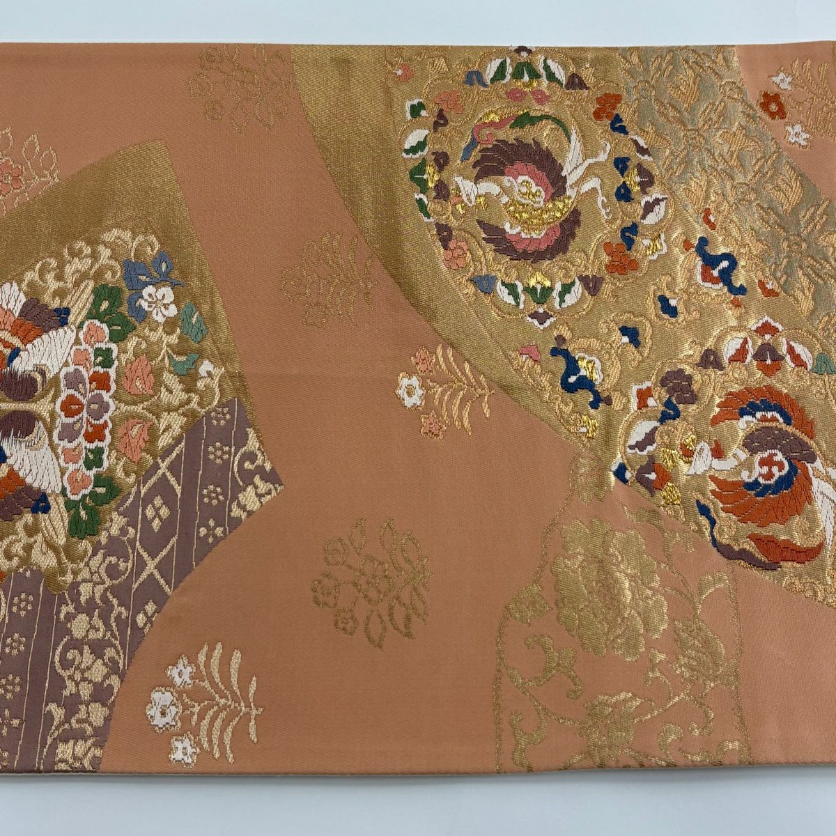 【美品】 袋帶 秀品級 扇子面 花鳥 金絲 金金箔 橙色 六通 純蠶絲