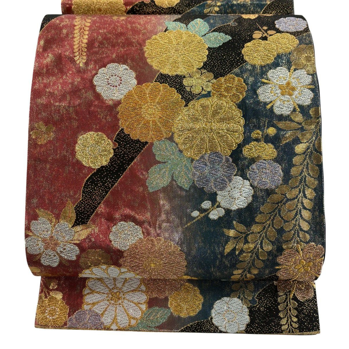 【美品】 袋帶 秀品級 菊花 藤 金金箔 金銀彩 紅 六通 純蠶絲