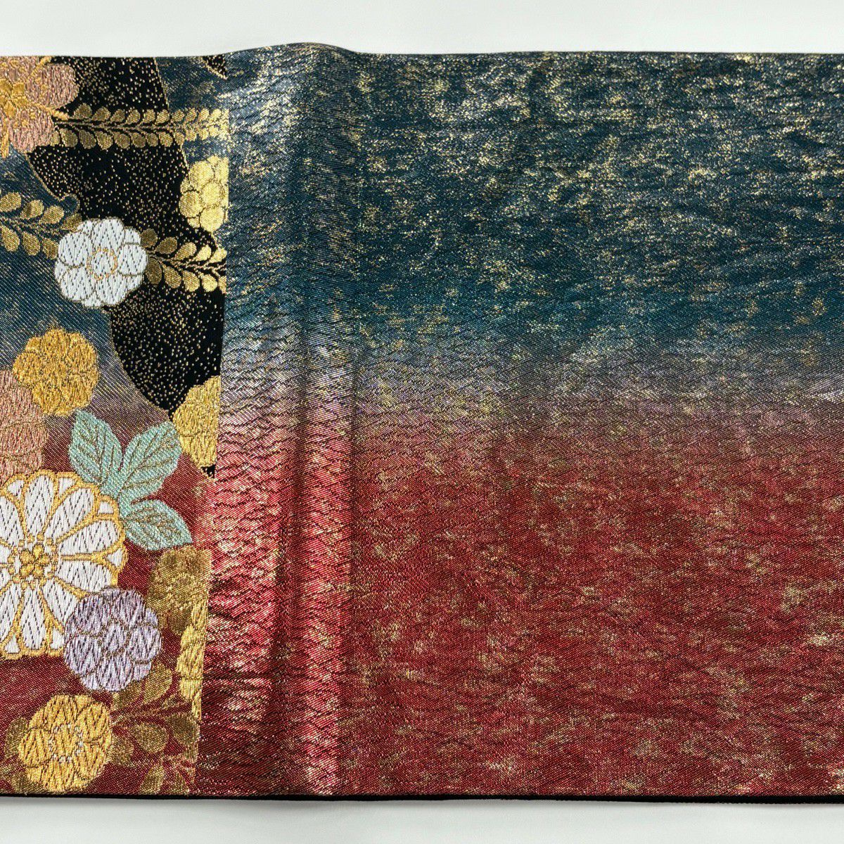 【美品】 袋帶 秀品級 菊花 藤 金金箔 金銀彩 紅 六通 純蠶絲