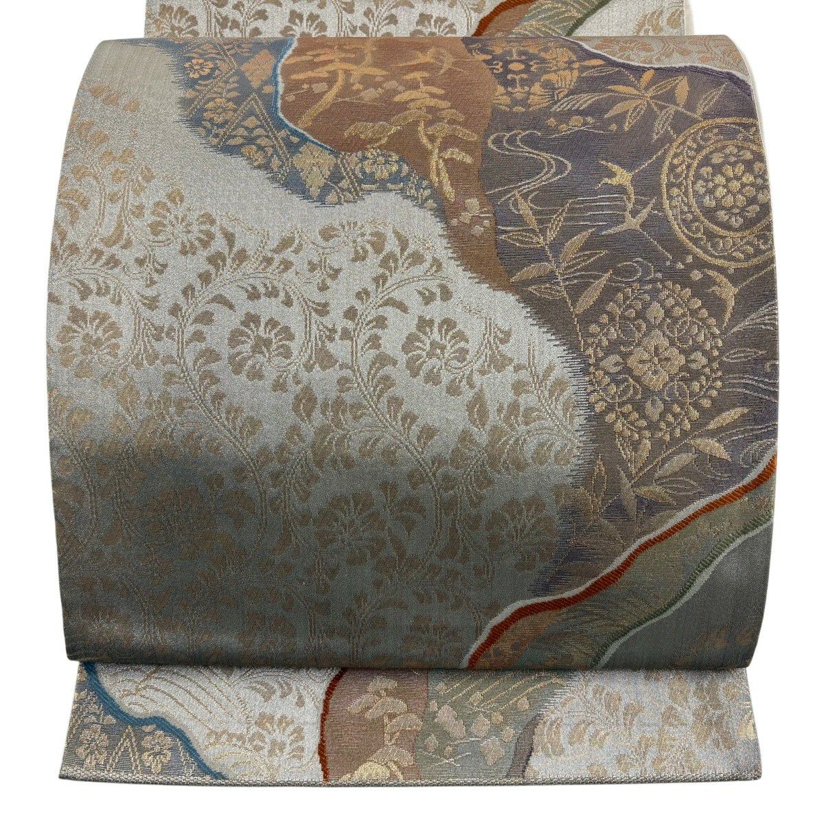 【美品】 袋帶 秀品級 關西仕立 雜長取 松樹 金銀絲 金金箔 銀色 六通 純蠶絲