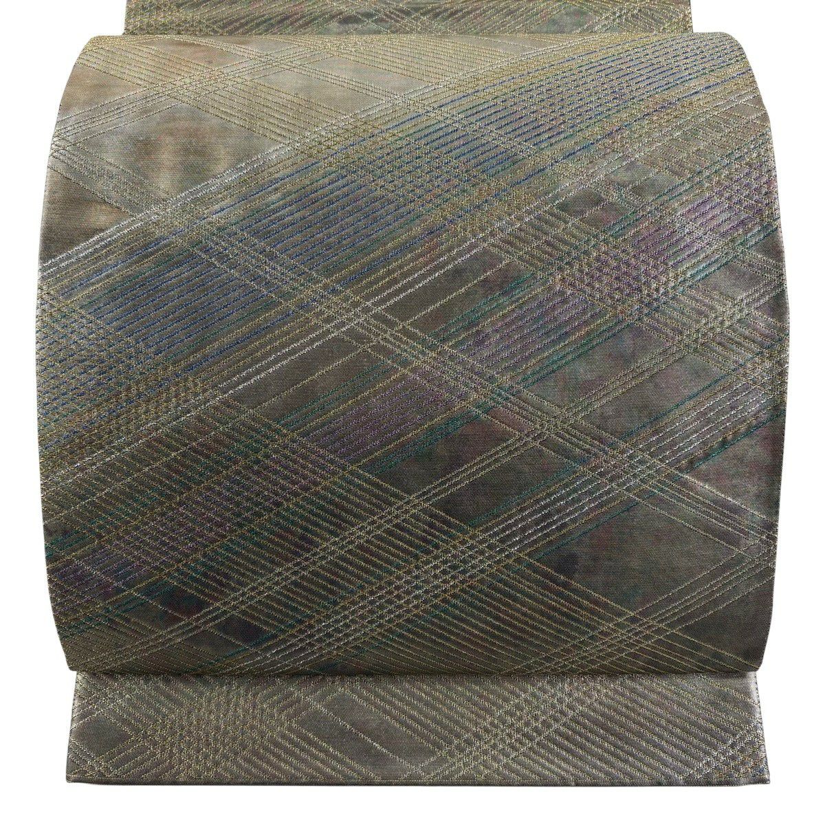 【美品】 袋帶 秀品級 關西仕立 彩格子 金金箔 金絲 灰綠 六通 純蠶絲