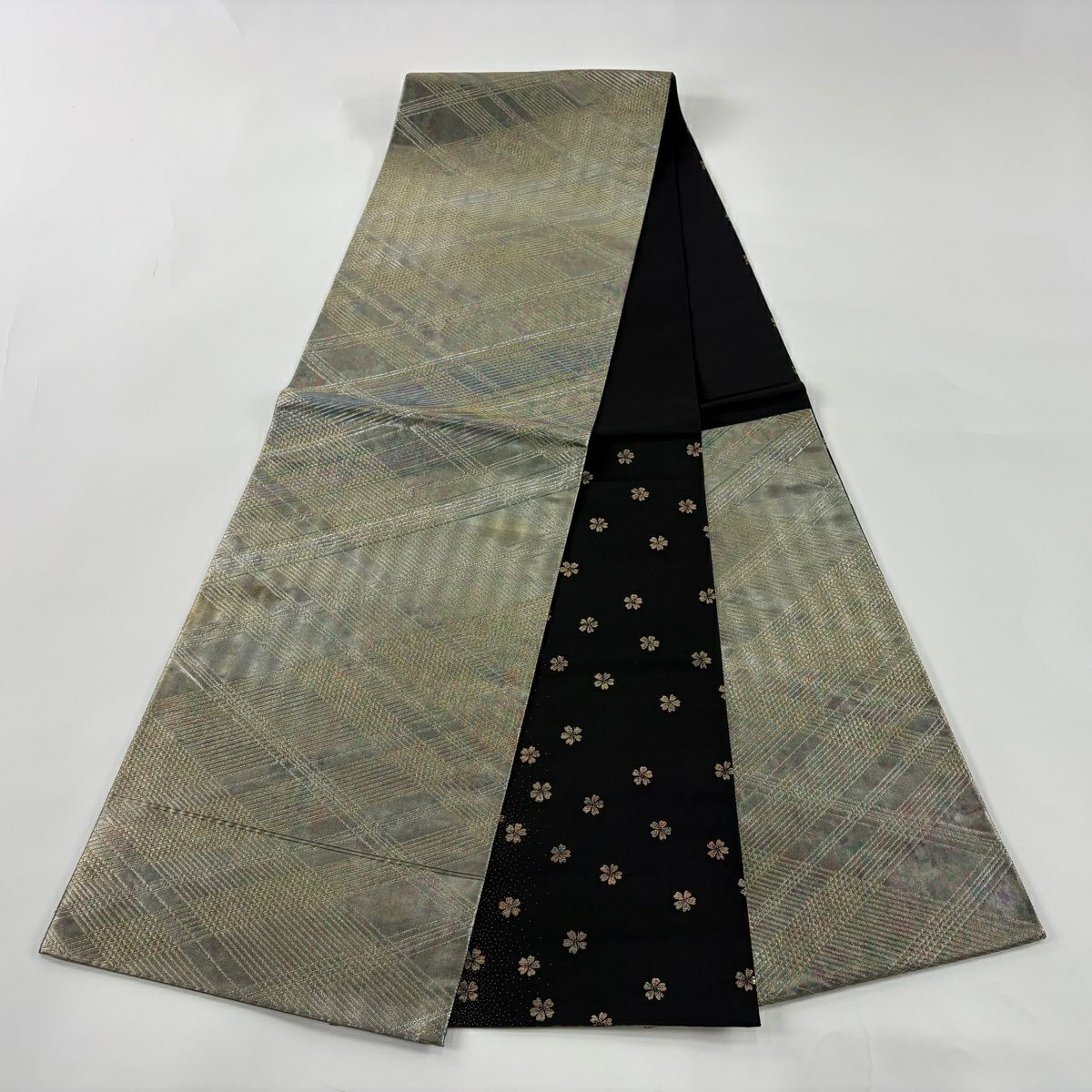 【美品】 袋帶 秀品級 關西仕立 彩格子 金金箔 金絲 灰綠 六通 純蠶絲