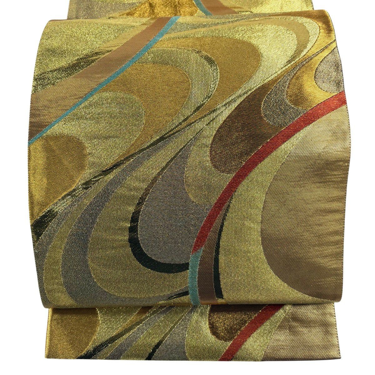 袋帶 秀品級 振袖禮服禮服用 幾何學圖案 波紋 金絲 金金箔 金色 全通 純蠶絲