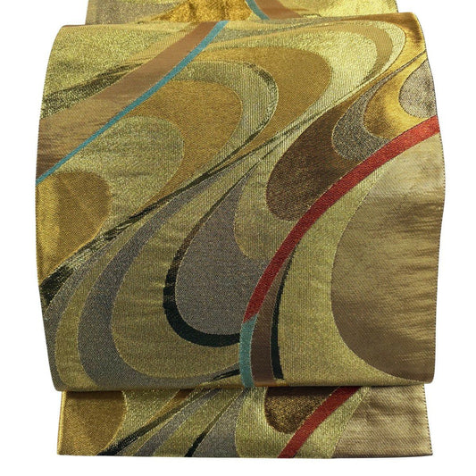 袋帶 秀品級 振袖禮服禮服用 幾何學圖案 波紋 金絲 金金箔 金色 全通 純蠶絲