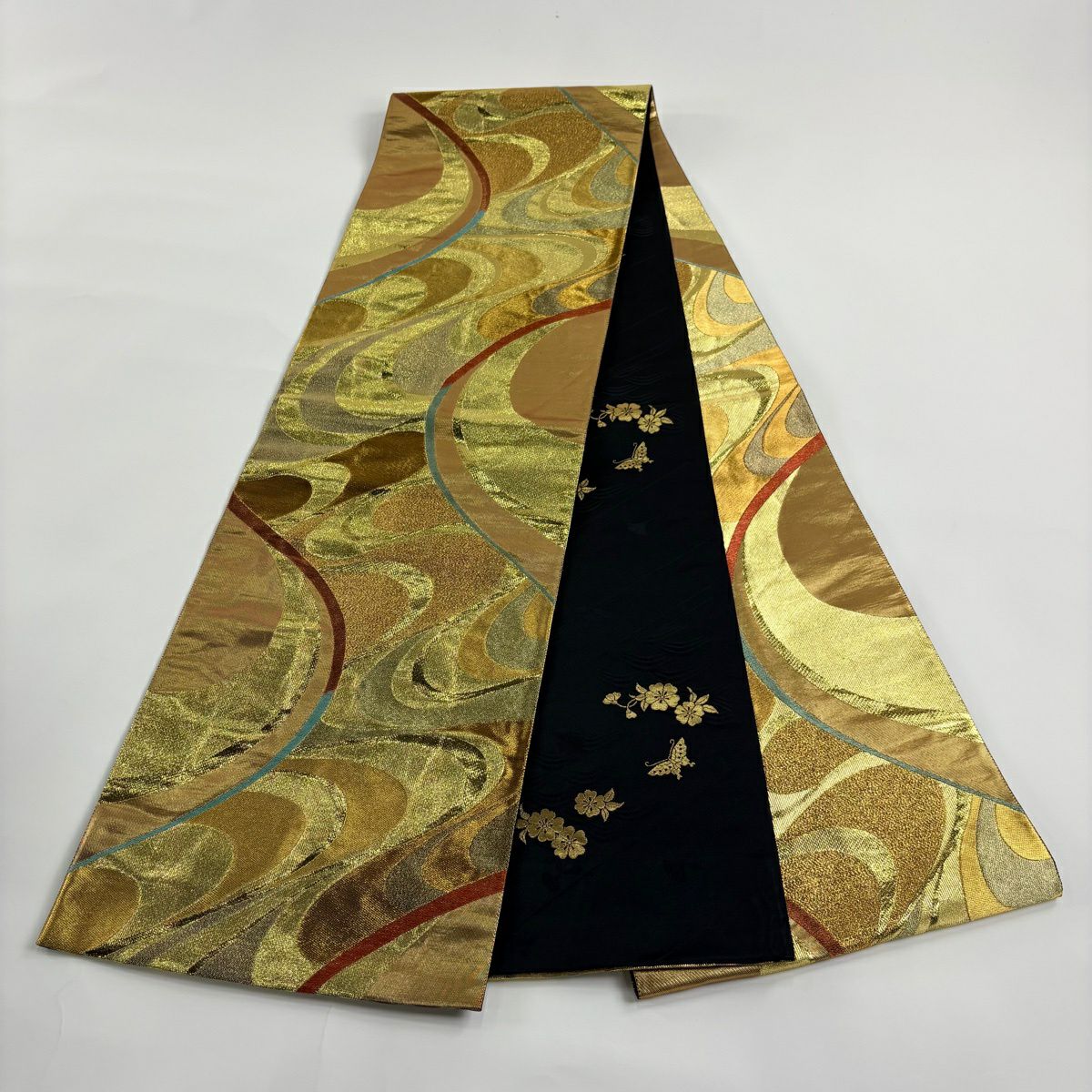 袋帶 秀品級 振袖禮服禮服用 幾何學圖案 波紋 金絲 金金箔 金色 全通 純蠶絲