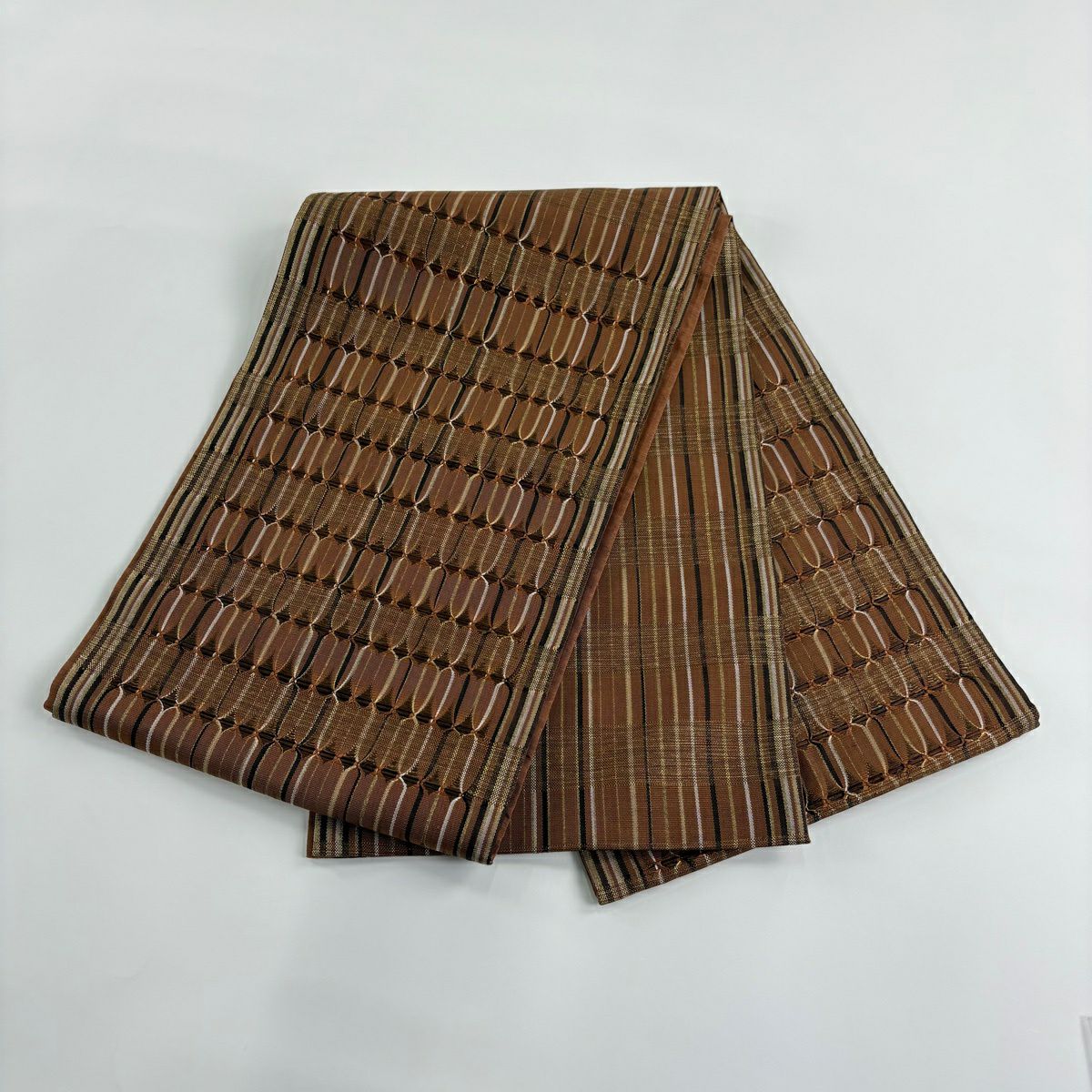 袋帶 秀品級 條紋 幾何學 金絲 茶 お太鼓圖案 純蠶絲