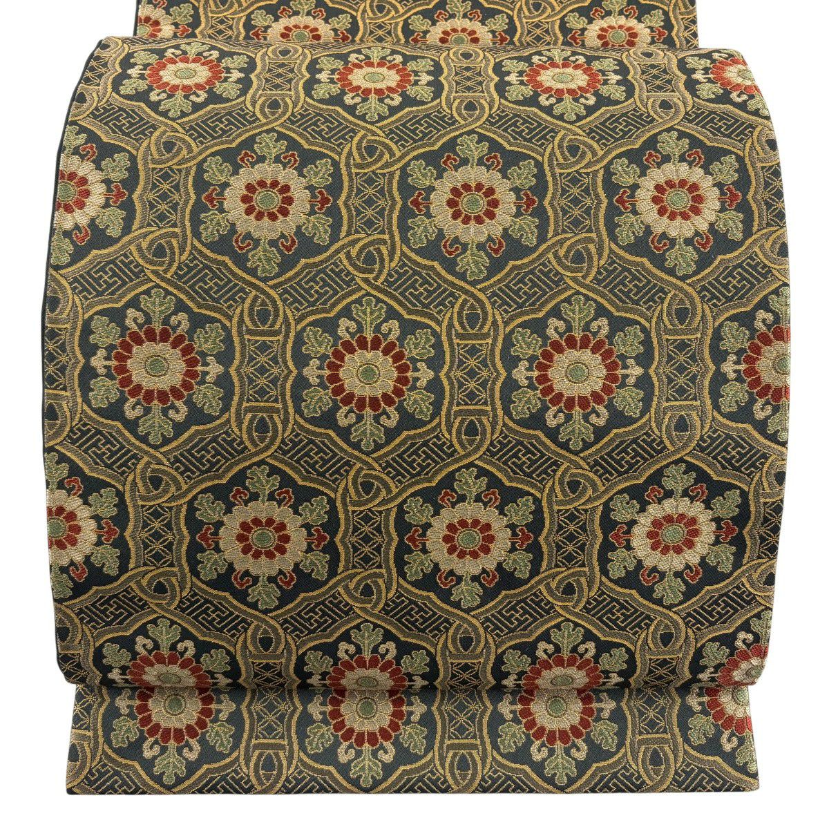 【美品】 袋帶 秀品級 落款あり あらいそ 菊花 有職紋樣 金金箔 墨 全通 純蠶絲