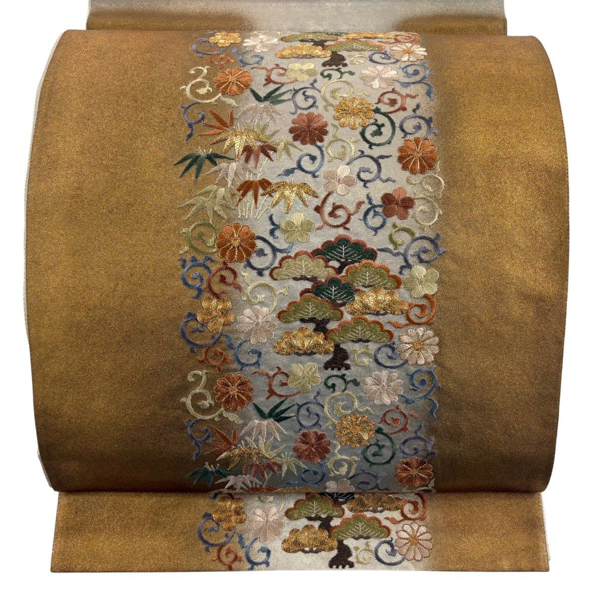 袋帶 秀品級 松樹竹子梅花 金金箔 刺繡 金色 大鼓圖案 純蠶絲