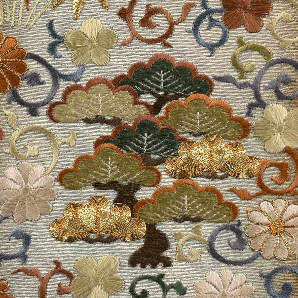 袋帶 秀品級 松樹竹子梅花 金金箔 刺繡 金色 大鼓圖案 純蠶絲