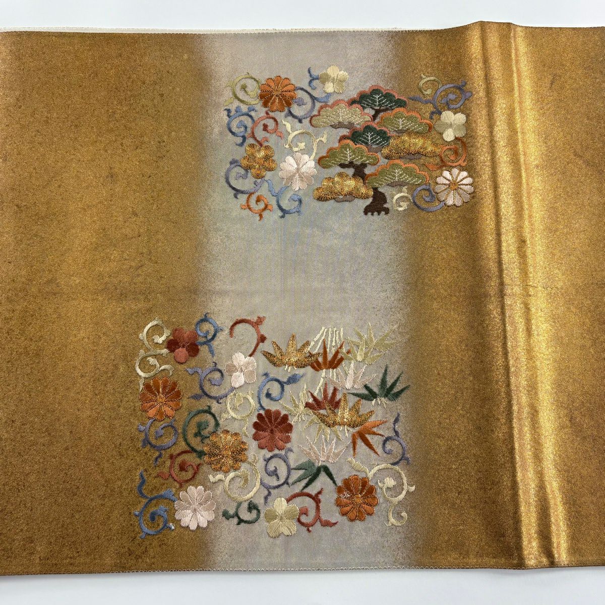 袋帶 秀品級 松樹竹子梅花 金金箔 刺繡 金色 大鼓圖案 純蠶絲