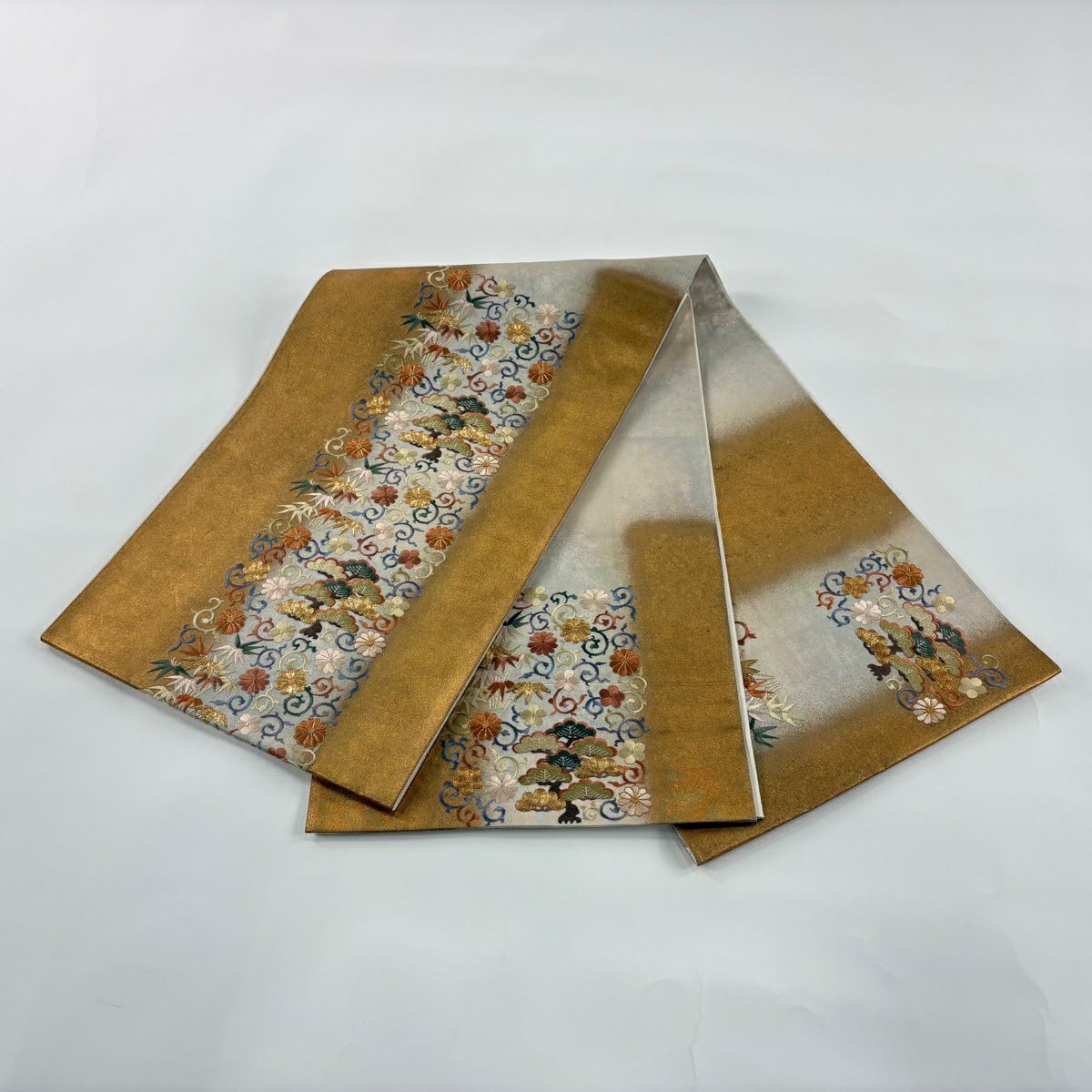 袋帶 秀品級 松樹竹子梅花 金金箔 刺繡 金色 大鼓圖案 純蠶絲