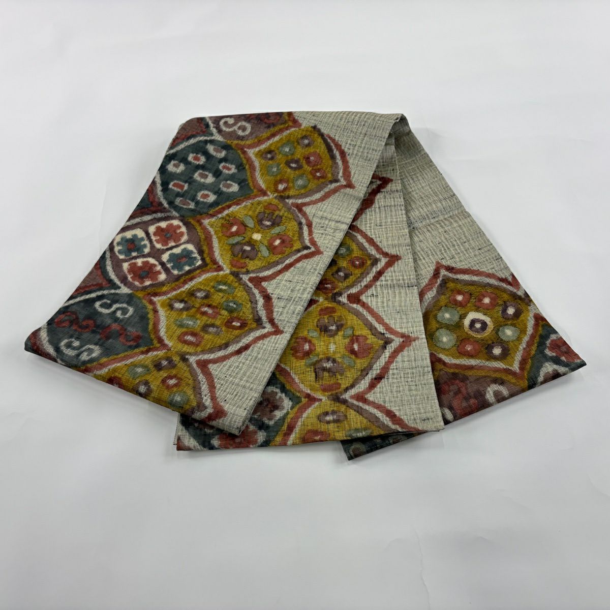 【美品】 袋帶 秀品級 花 幾何學 灰 深藍色 お太鼓柄 純蠶絲
